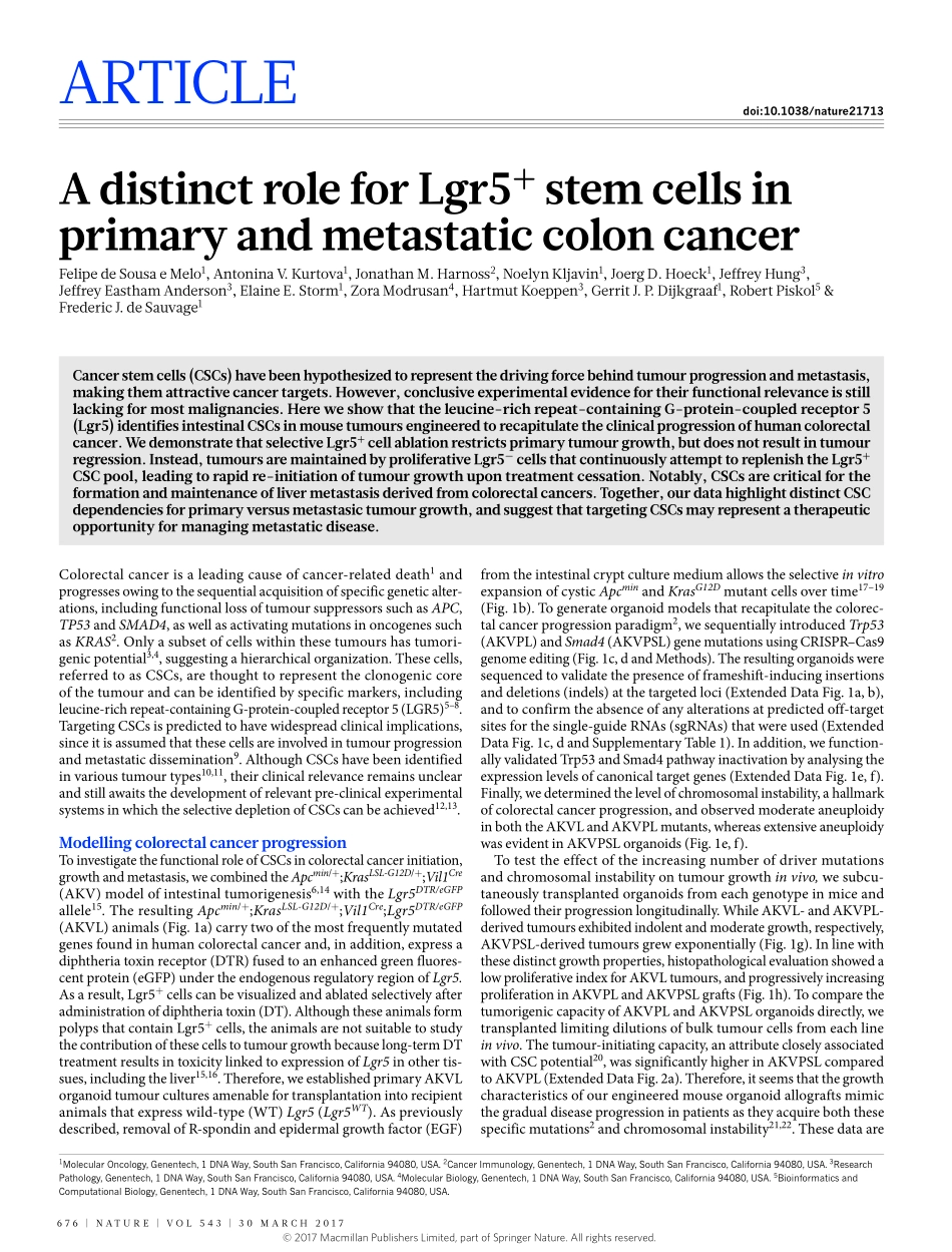 Nature. 2017Lgr5(+)干细胞在原发性和转移性结肠癌中的独特作用.pdf_第1页