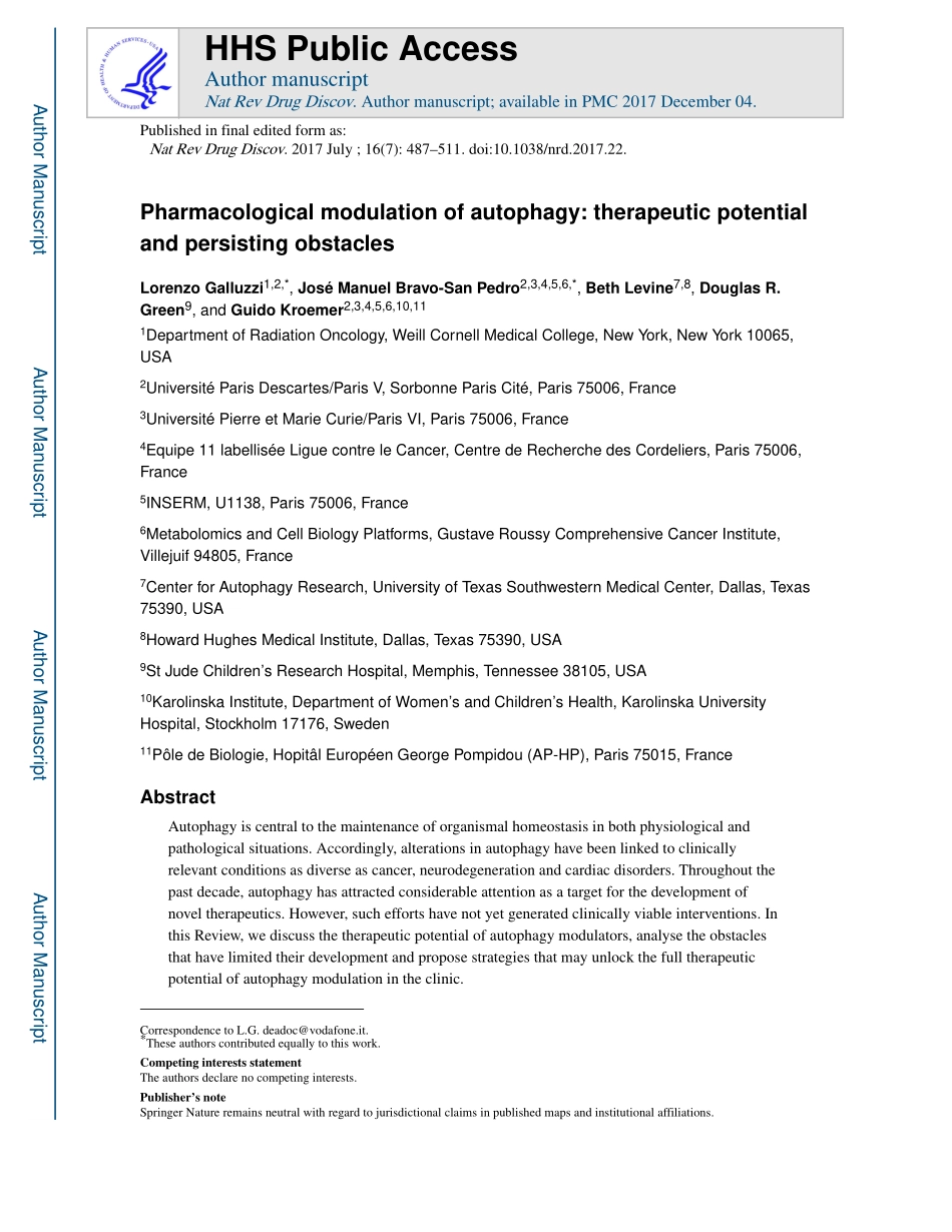 Pharmacological modulation of autophagy- therapeutic potential and persisting obstacles.pdf_第1页