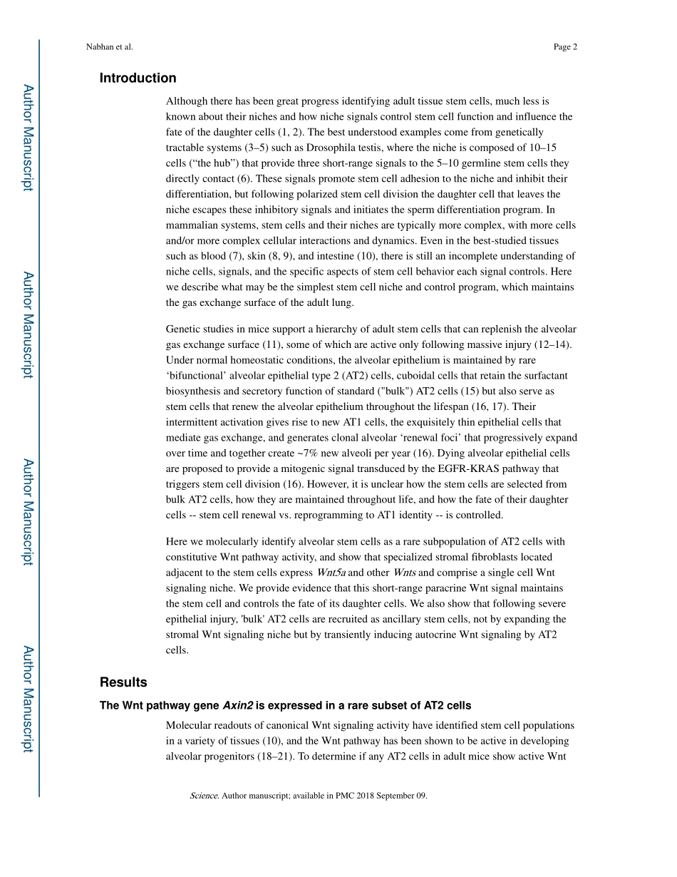 Science. 2018 单细胞Wnt信号通路维持肺泡II型细胞的干性.pdf_第2页