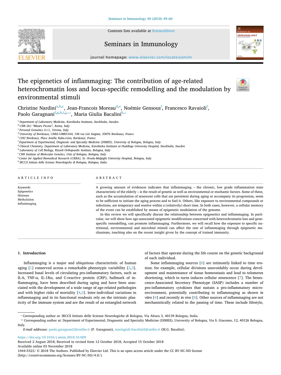 The epigenetics of inflammaging-The contribution of age-related heterochromatin loss and locus-specific remodelling and the modulation by environmental stimuli.pdf_第1页