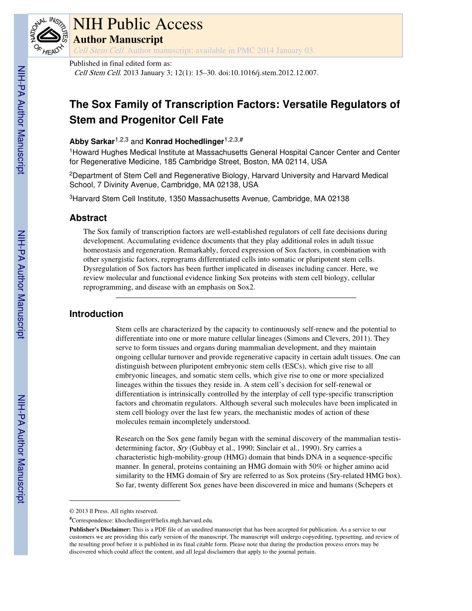 The Sox Family of Transcription Factors-Versatile Regulators of Stem and Progenitor Cell Fate.pdf_第1页