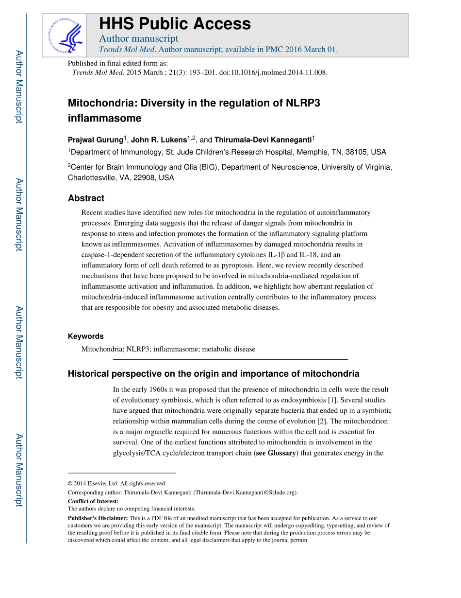 Mitochondria- Diversity in the regulation of NLRP3 inflammasome.pdf_第1页