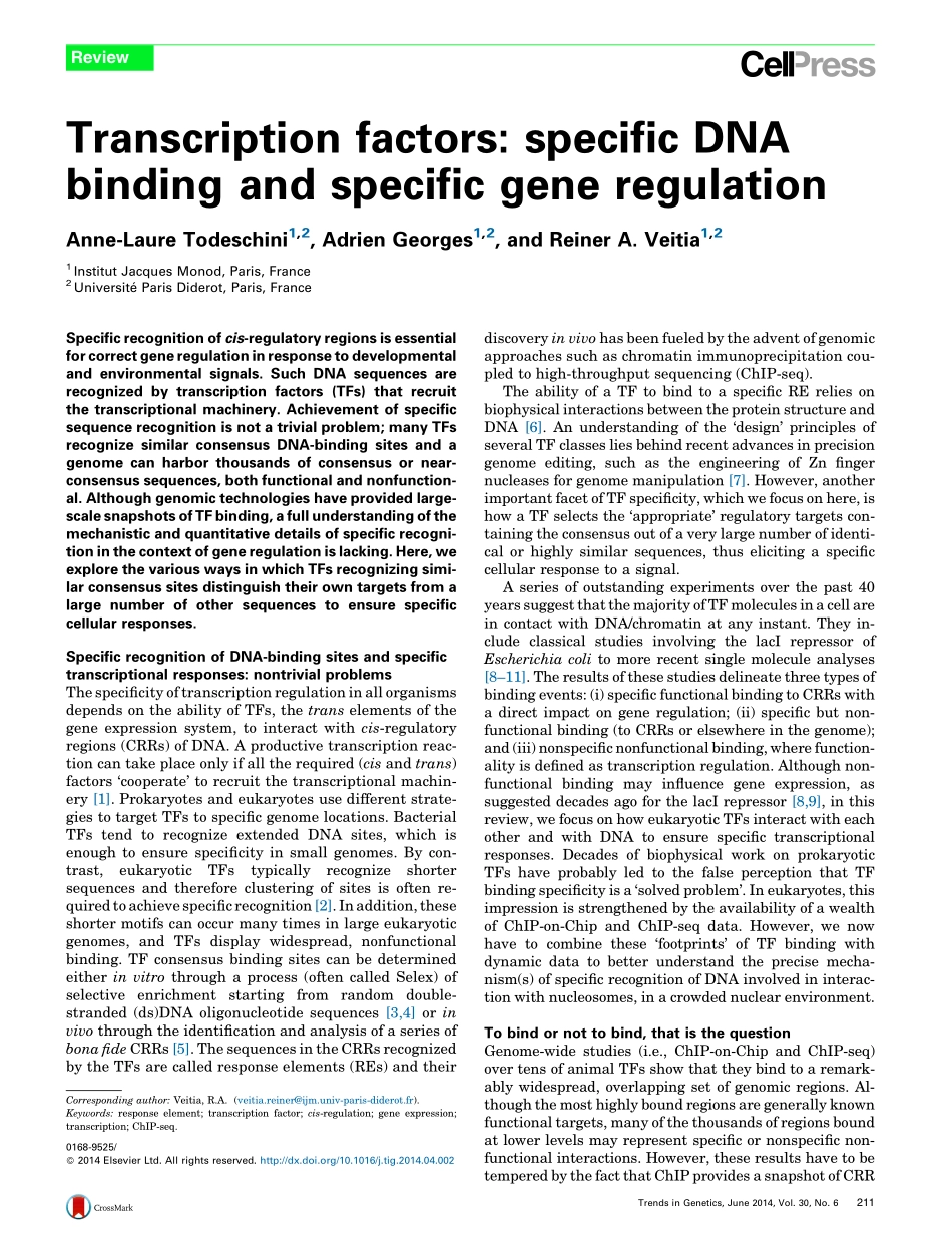 Transcription factors- specific DNA binding and specific gene regulation.pdf_第1页