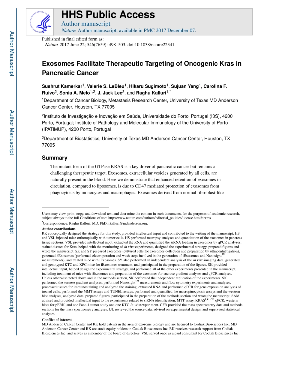 Nature. 2017 外泌体促进胰腺癌中致癌KRAS的靶向治疗.pdf_第1页