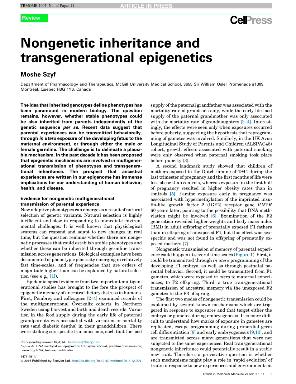Nongenetic inheritance and transgenerational epigenetics.pdf_第1页