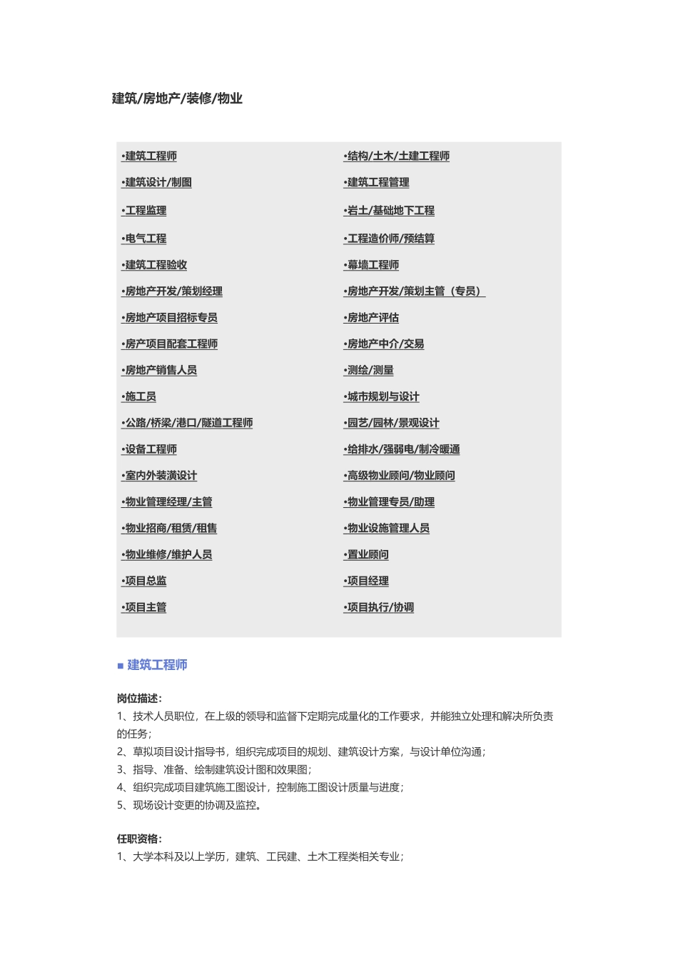 【建筑、房地产、装修、物业】职位说明书.docx_第1页