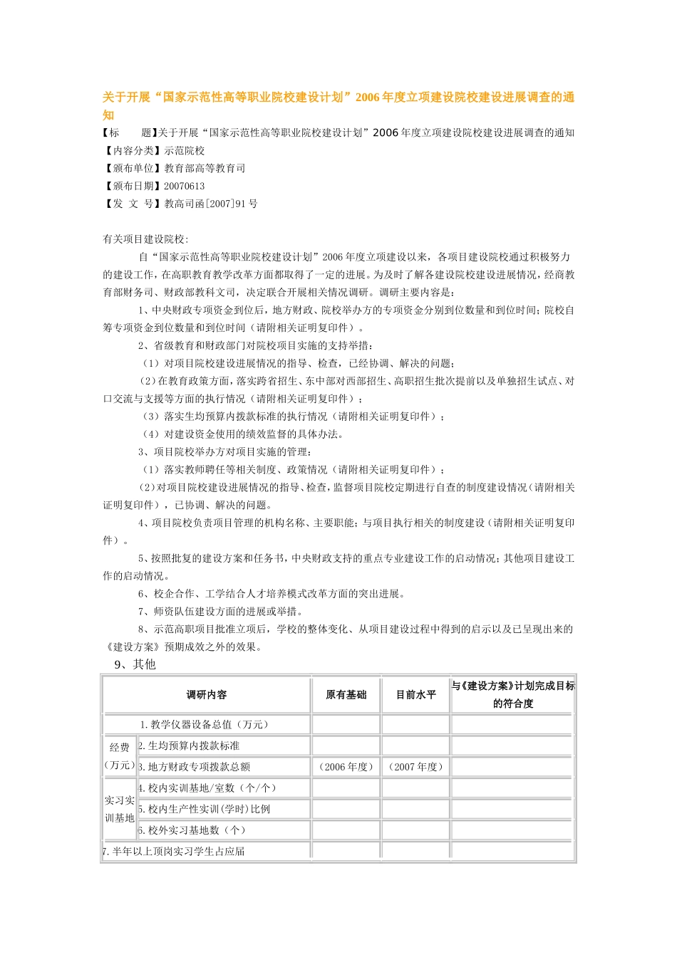 关于开展“国家示范性高等职业院校建设计划”2006年度立项建设院校建设进展调查的通知.doc_第1页