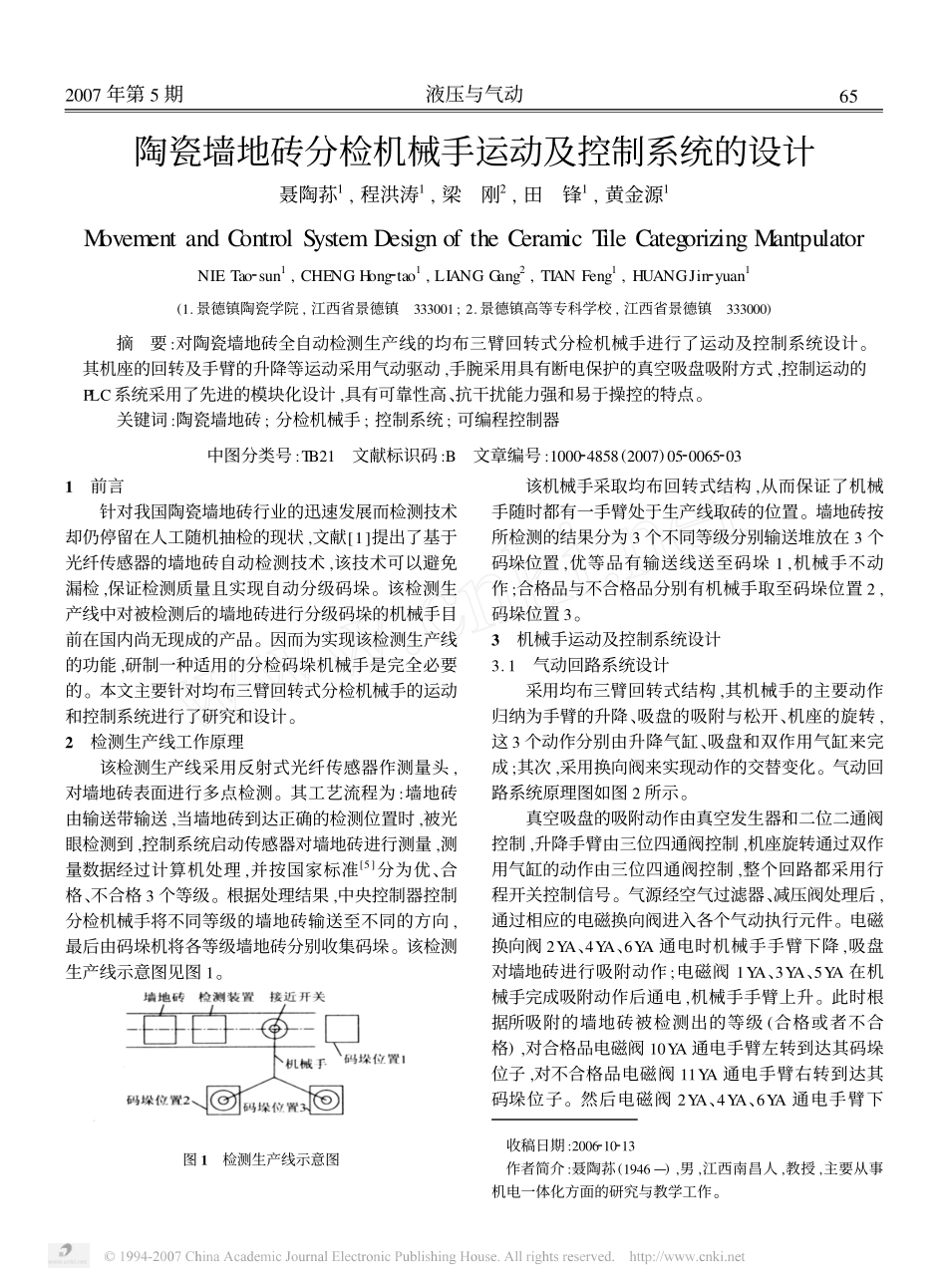 陶瓷墙地砖分检机械手运动及控制系统的设计.pdf_第1页