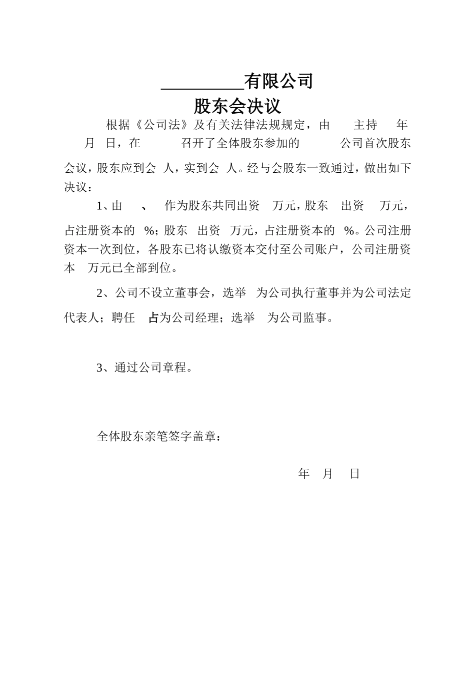 公司设立首次股东会决议 (2).doc_第1页