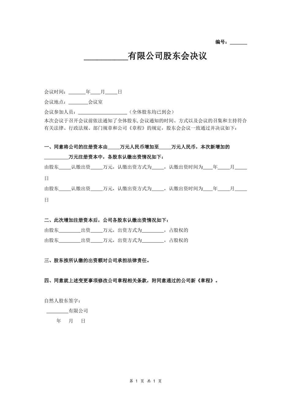 股东会决议（增资2） (2).doc_第1页