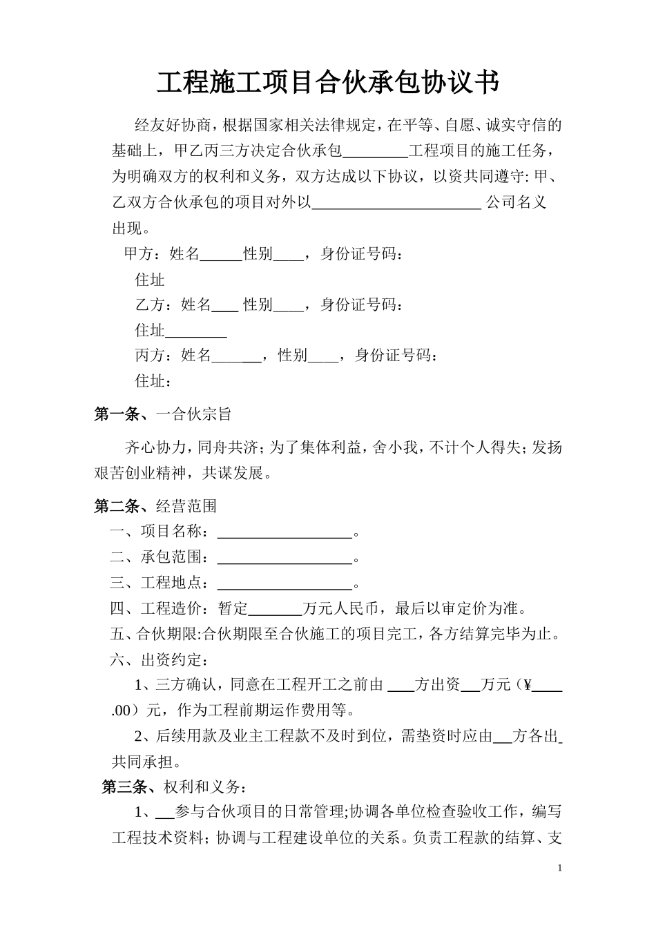 工程施工项目合伙承包协议书.doc_第1页