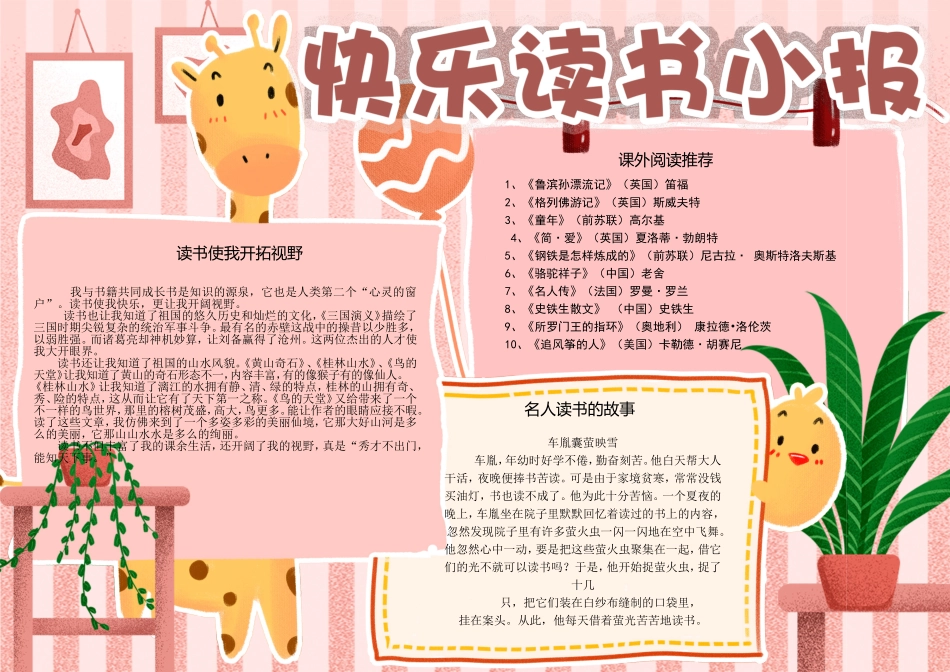 粉色唯美手绘风快乐读书小报手抄报电子模板.doc_第1页
