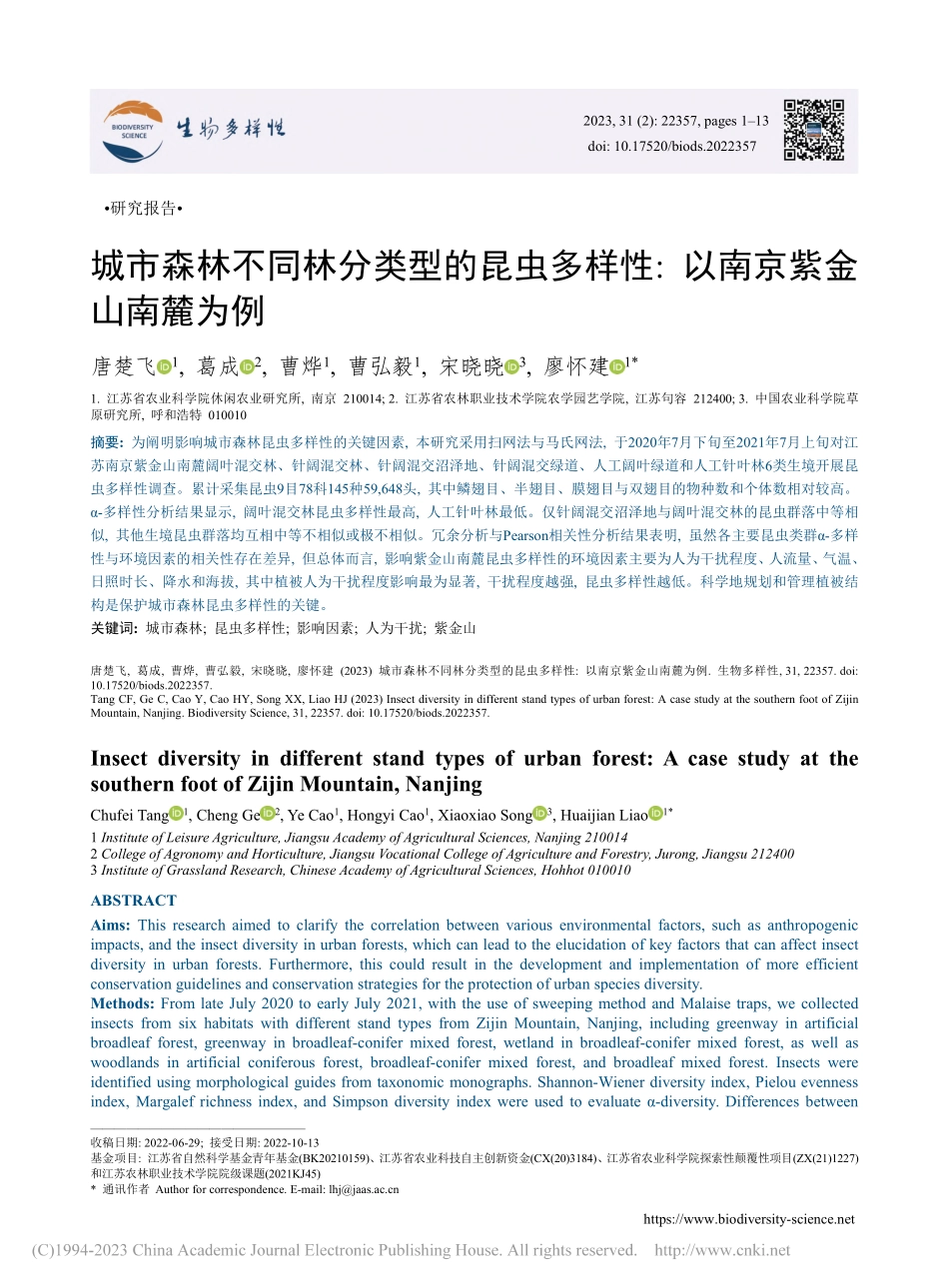 城市森林不同林分类型的昆虫...样性_以南京紫金山南麓为例_唐楚飞.pdf_第1页