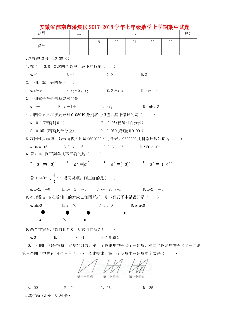 2017-2018学年安徽省淮南市潘集区七年级数学上期中试题含答案.doc_第1页