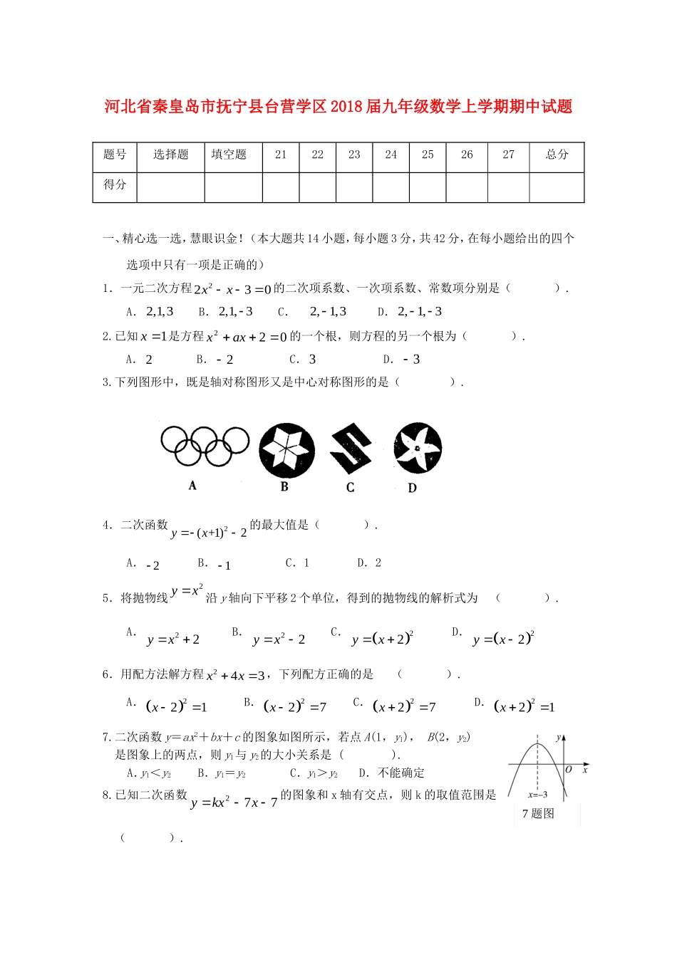 2017-2018学年河北省秦皇岛市抚宁县台营学区九年级数学上期中试题含答案.doc_第1页