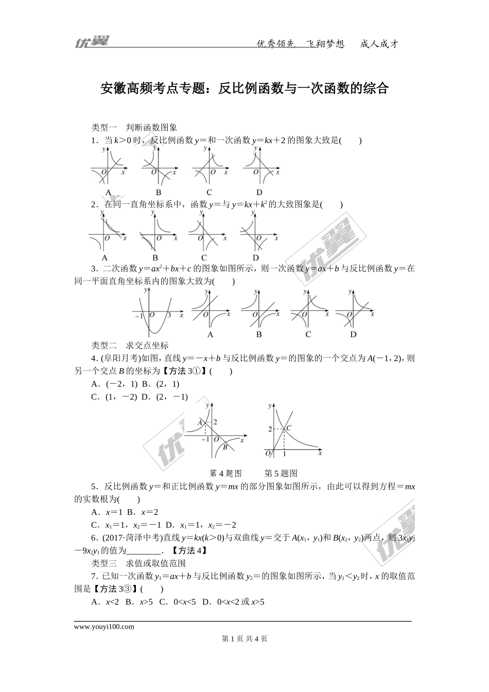 安徽高频考点专题：反比例函数与一次函数的综合.doc_第1页