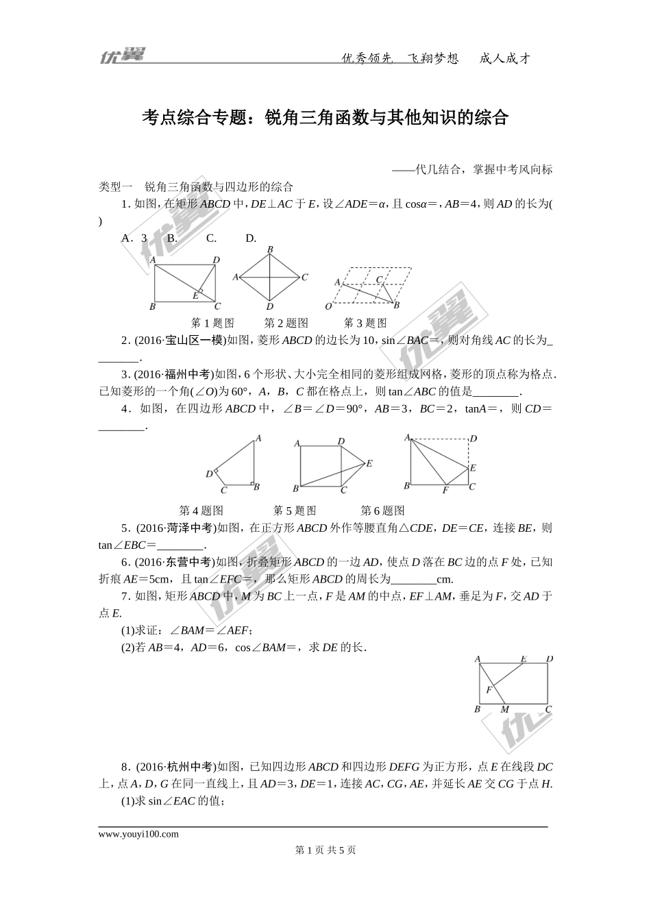 考点综合专题：锐角三角函数与其他知识的综合.doc_第1页