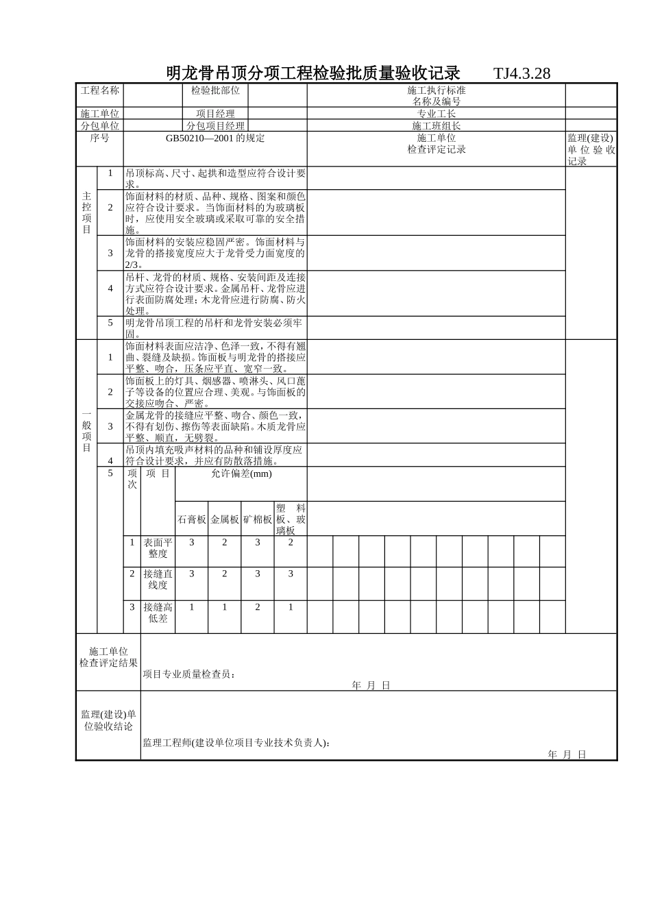 167 明龙骨吊顶分项工程检验批质量验收记录TJ4-3-28.doc_第1页