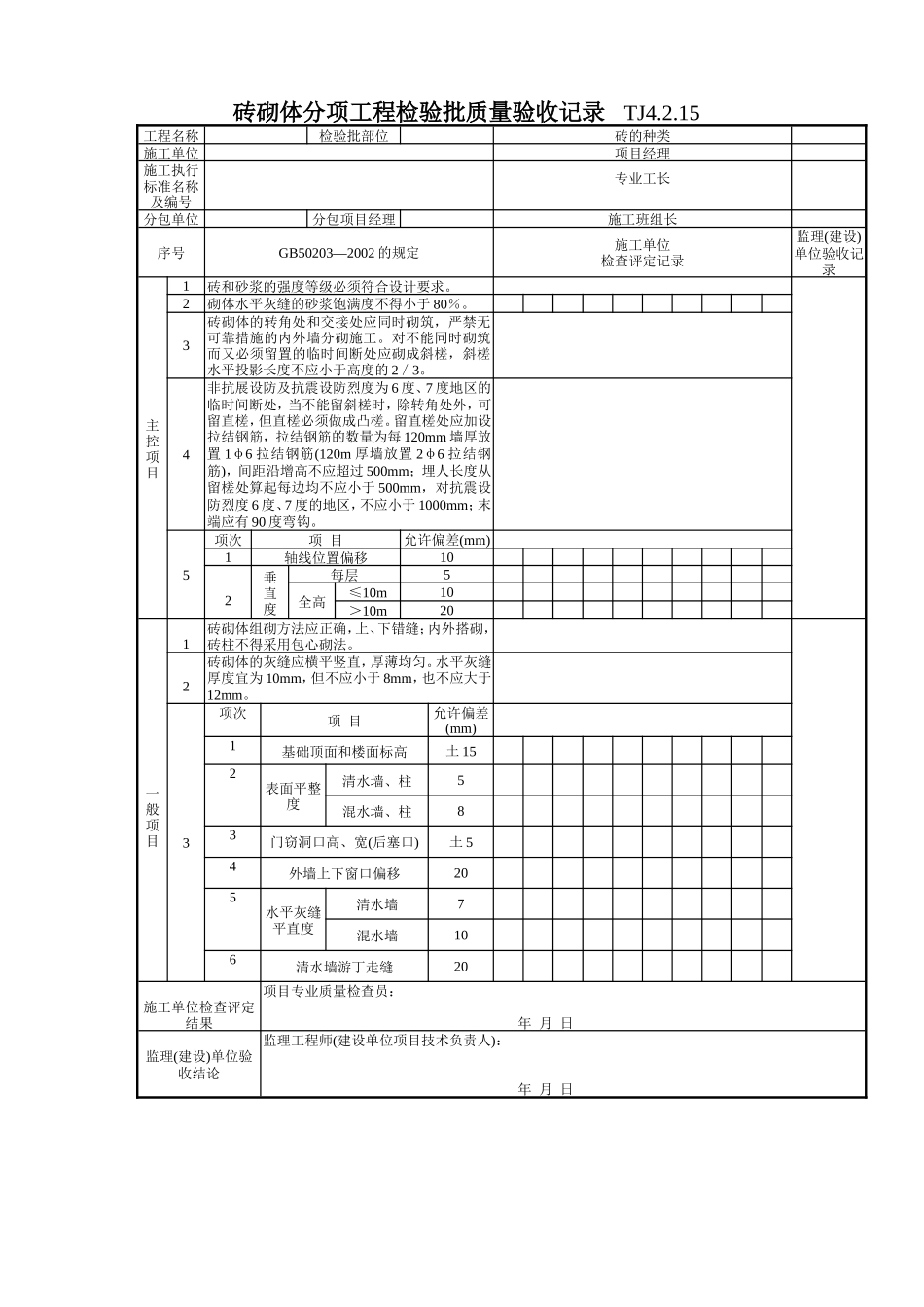 104 砖砌体分项工程检验批质量验收记录 TJ4-2-15.doc_第1页