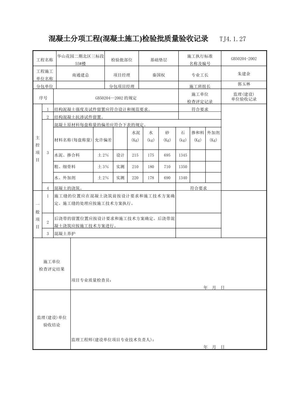116 混凝土分项工程(混凝土施工)检验批质量验收记录TJ4-1-27.doc_第1页