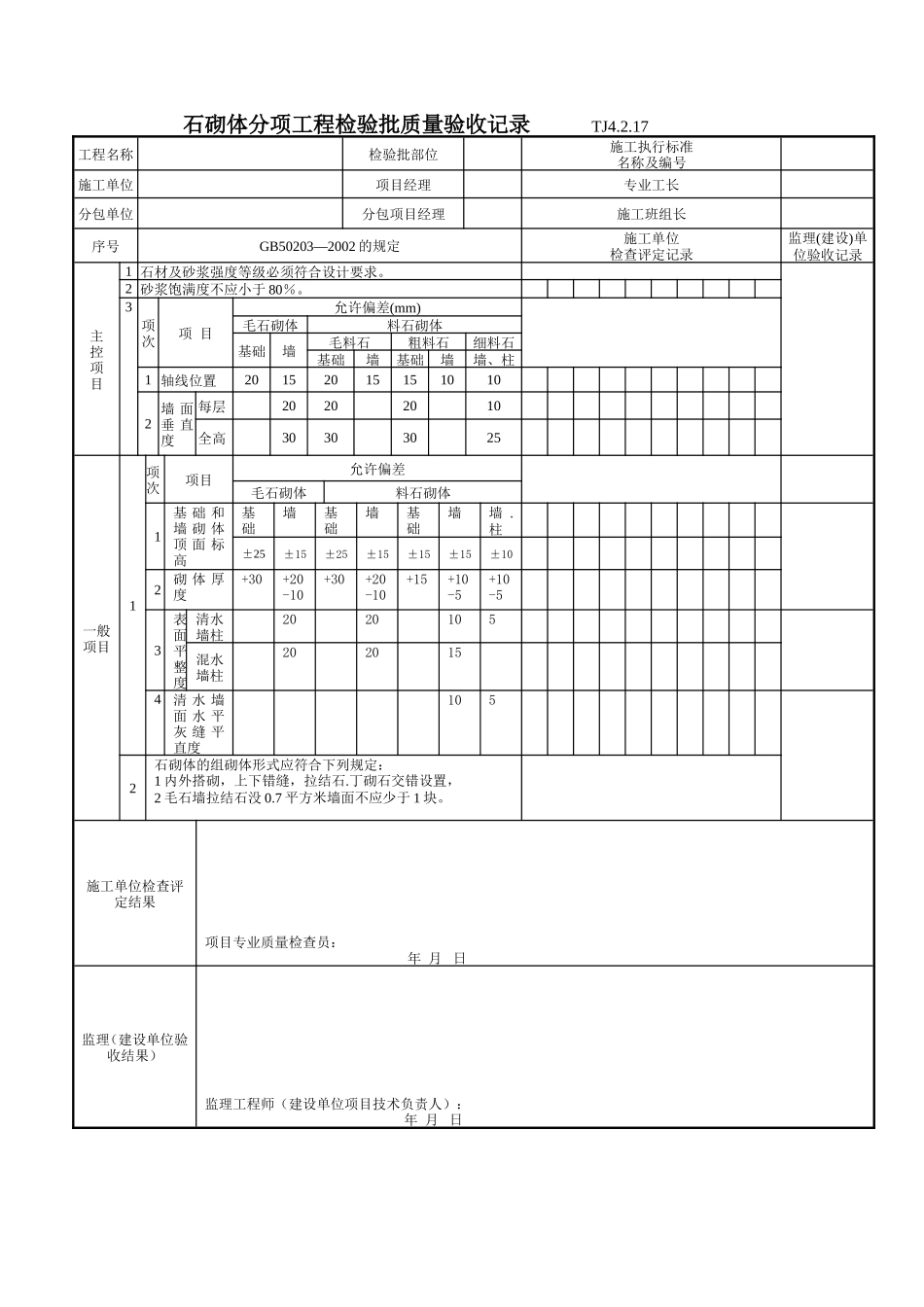 132 石砌体分项工程检验批质量验收记录Tj4-2-17需改.doc_第1页