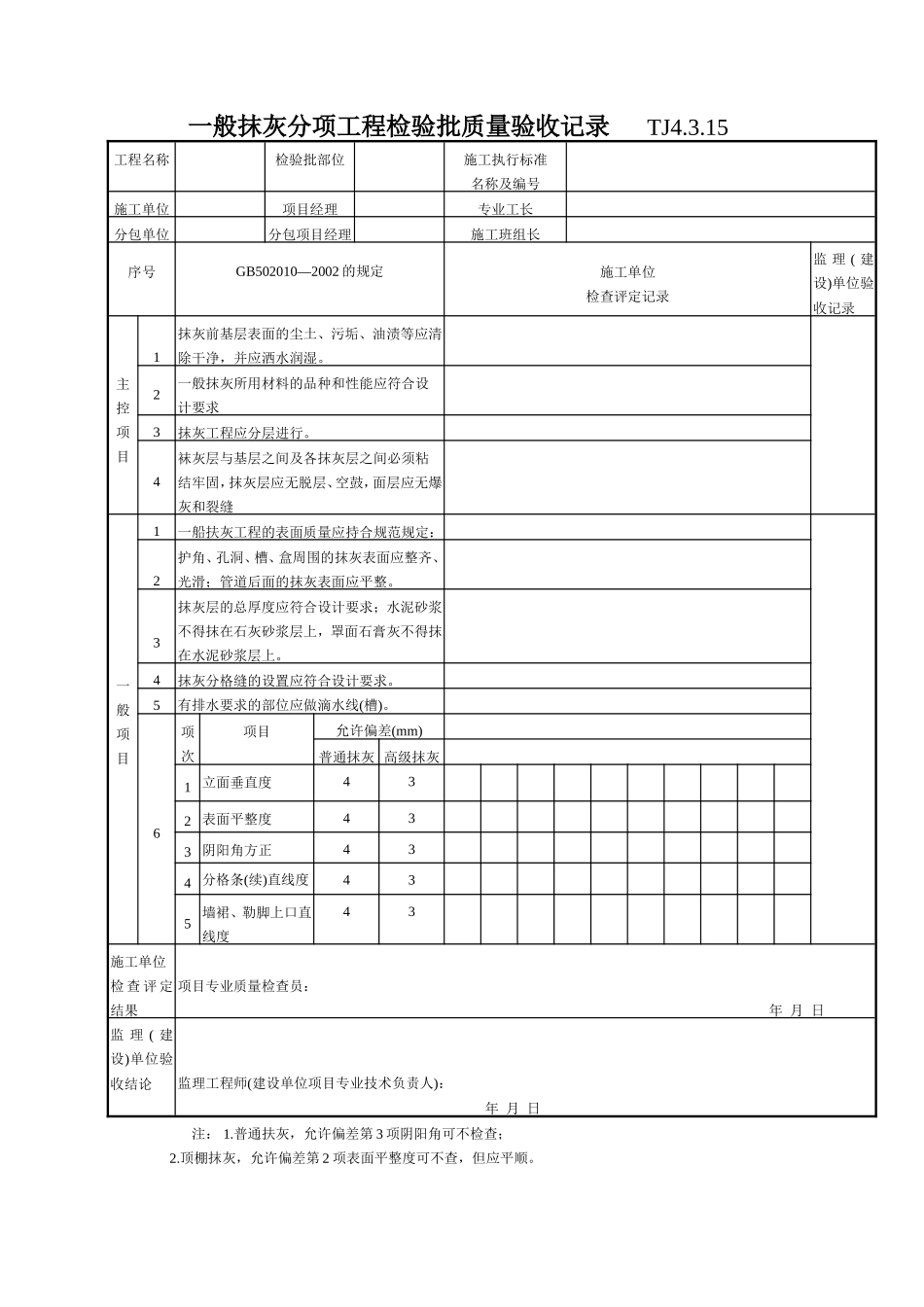 154 一般抹灰分项工程检验批质量验收记录TJ4-3-15.doc_第1页