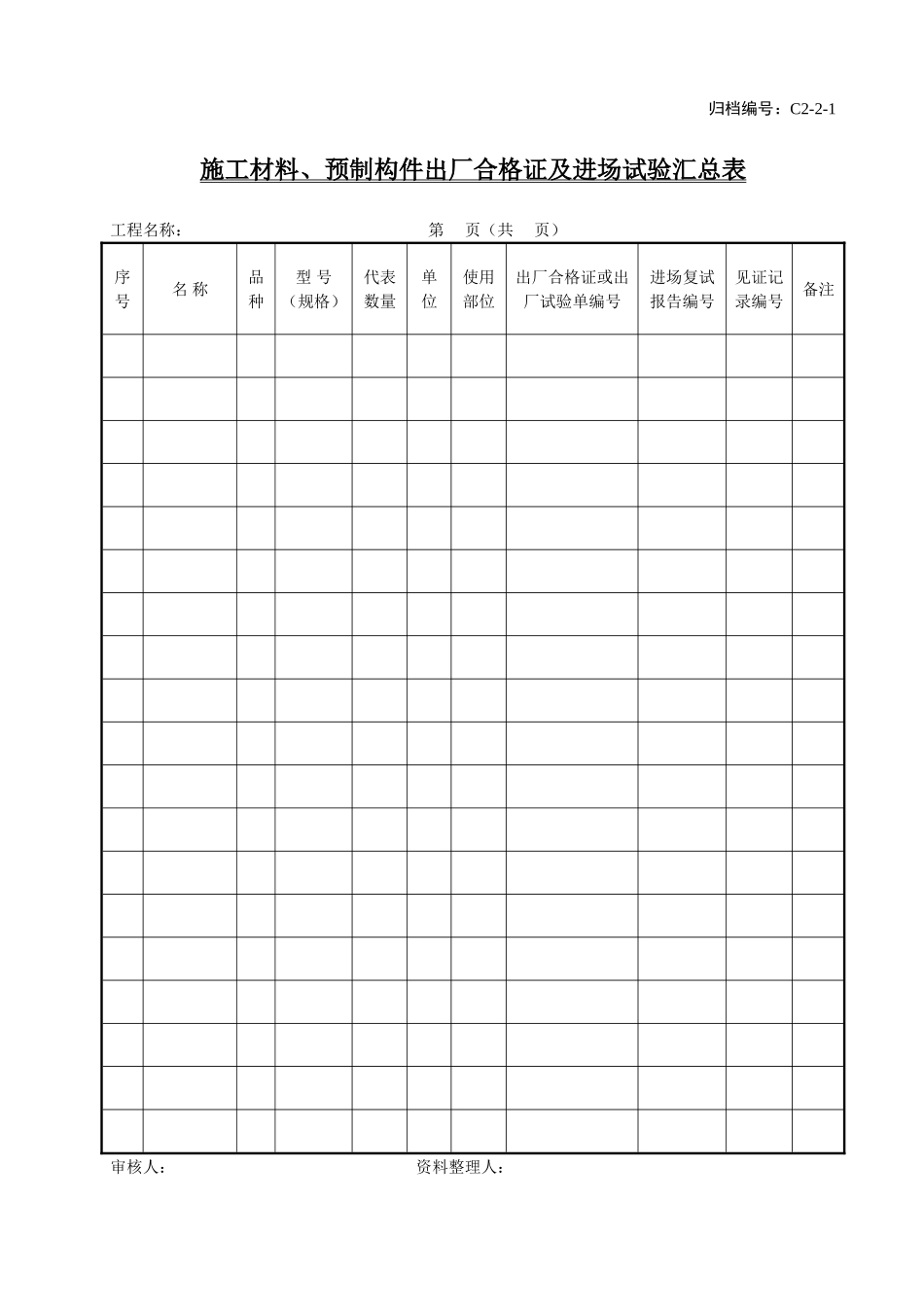 C2-2-1施工材料、预制构件出厂合格证及进场试验汇总表.doc_第1页