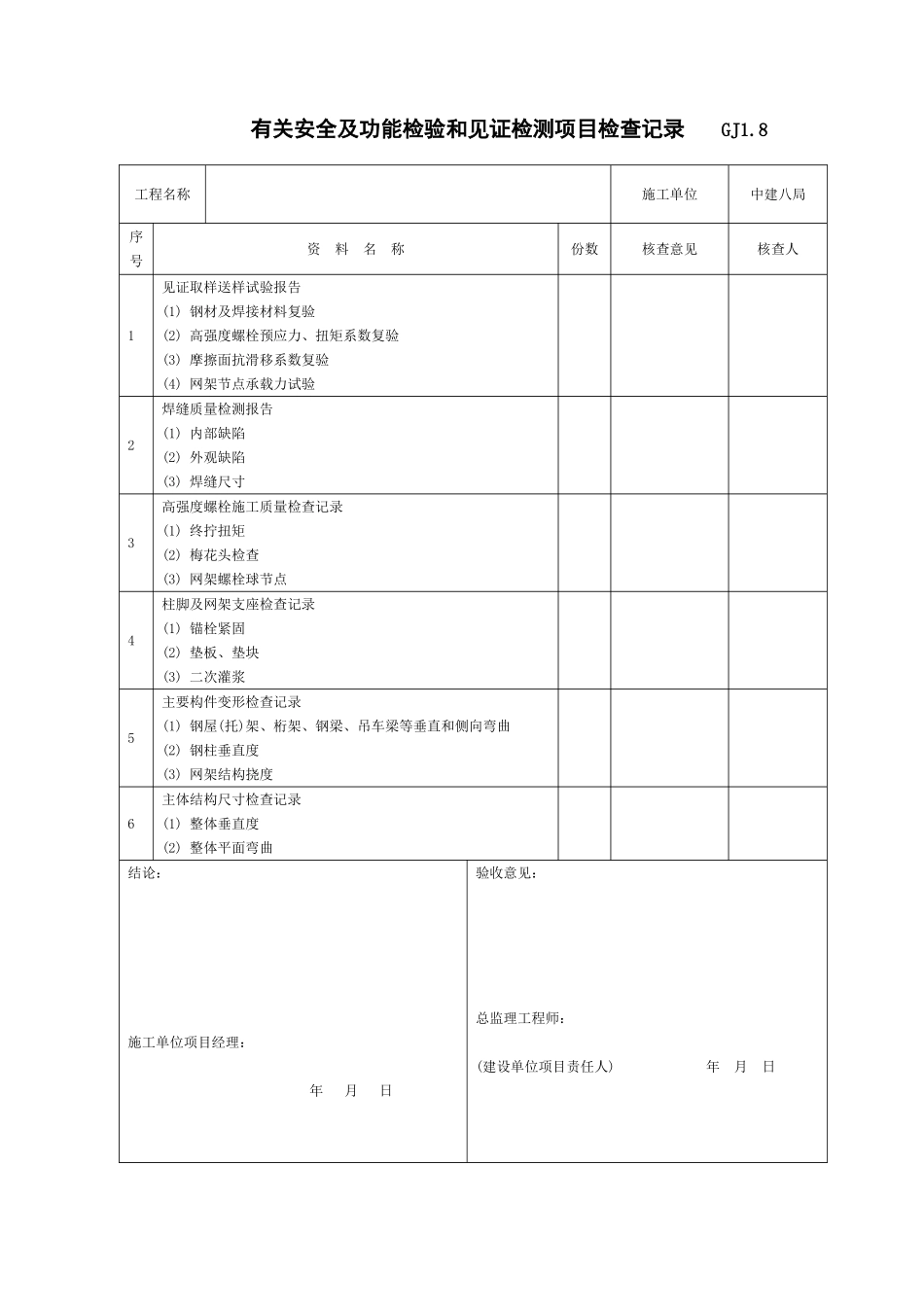 有关安全及功能检验和见证检测项目检查记录GJ1.doc_第1页