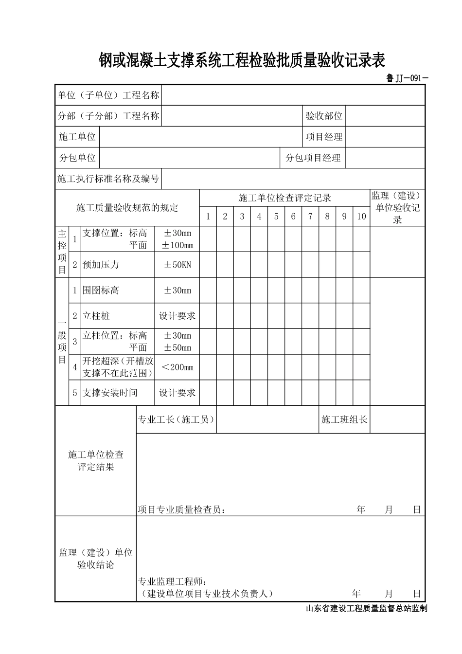 鲁JJ－091钢或混凝土支撑系统工程检验批质量验收记录表.DOC_第1页
