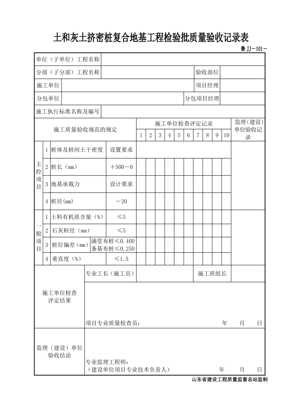 鲁JJ－101土和灰土挤密桩复合地基工程检验批质量验收记录表.DOC_第1页
