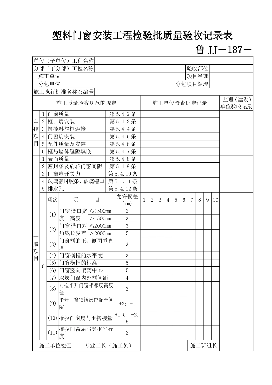 鲁JJ－187塑料门窗安装工程检验批质量验收记录表.DOC_第1页