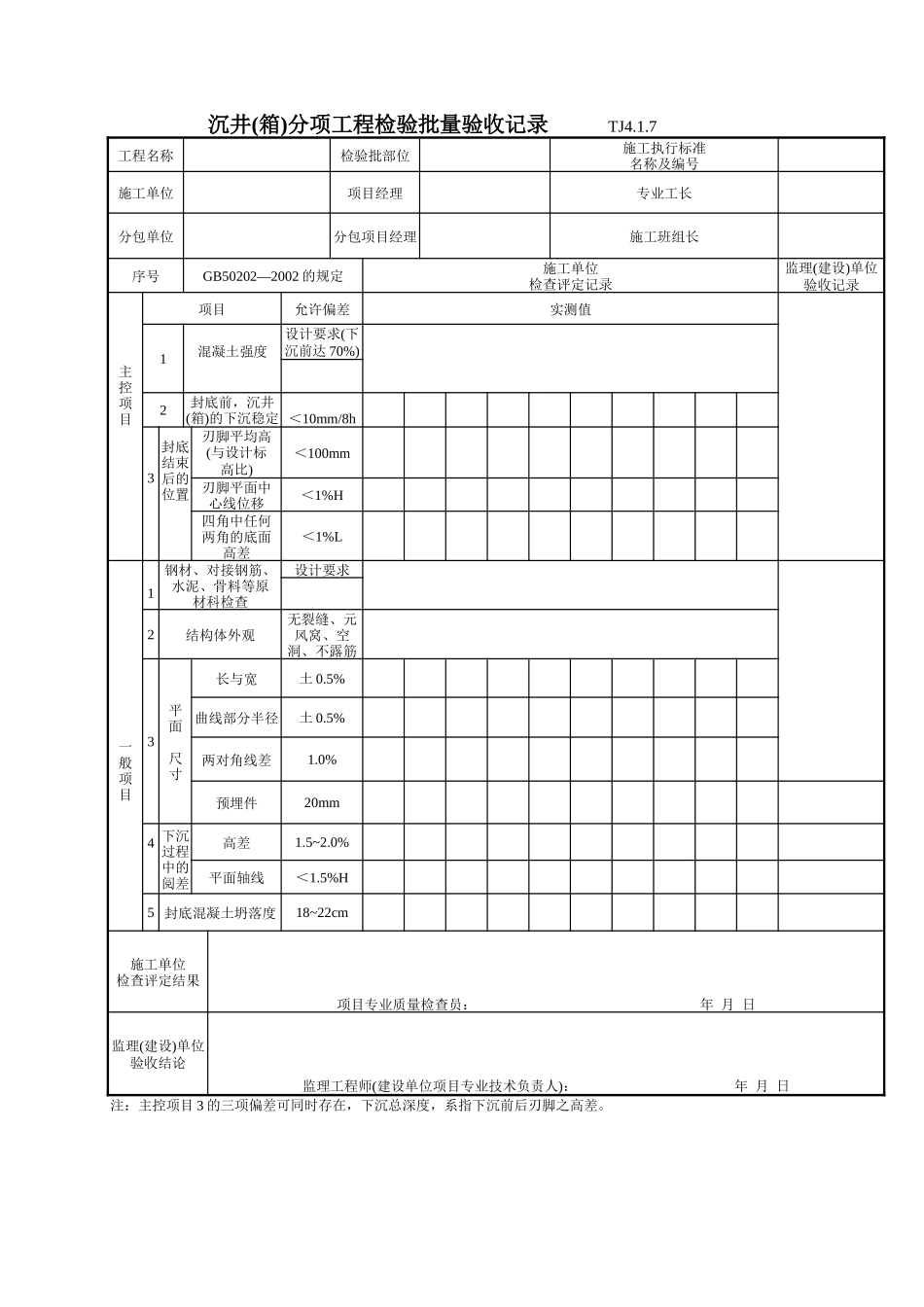 050 沉井（箱）分项工程检验批质量验收记录 Tj4-1-7.doc_第1页