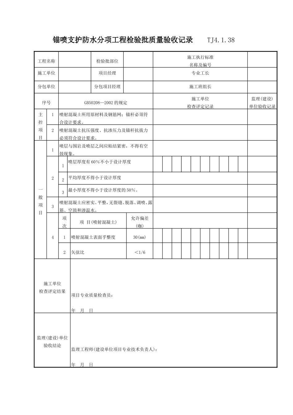 082 锚喷支护防水分项工程检验批质量验收记录 Tj4-1-38.doc_第1页