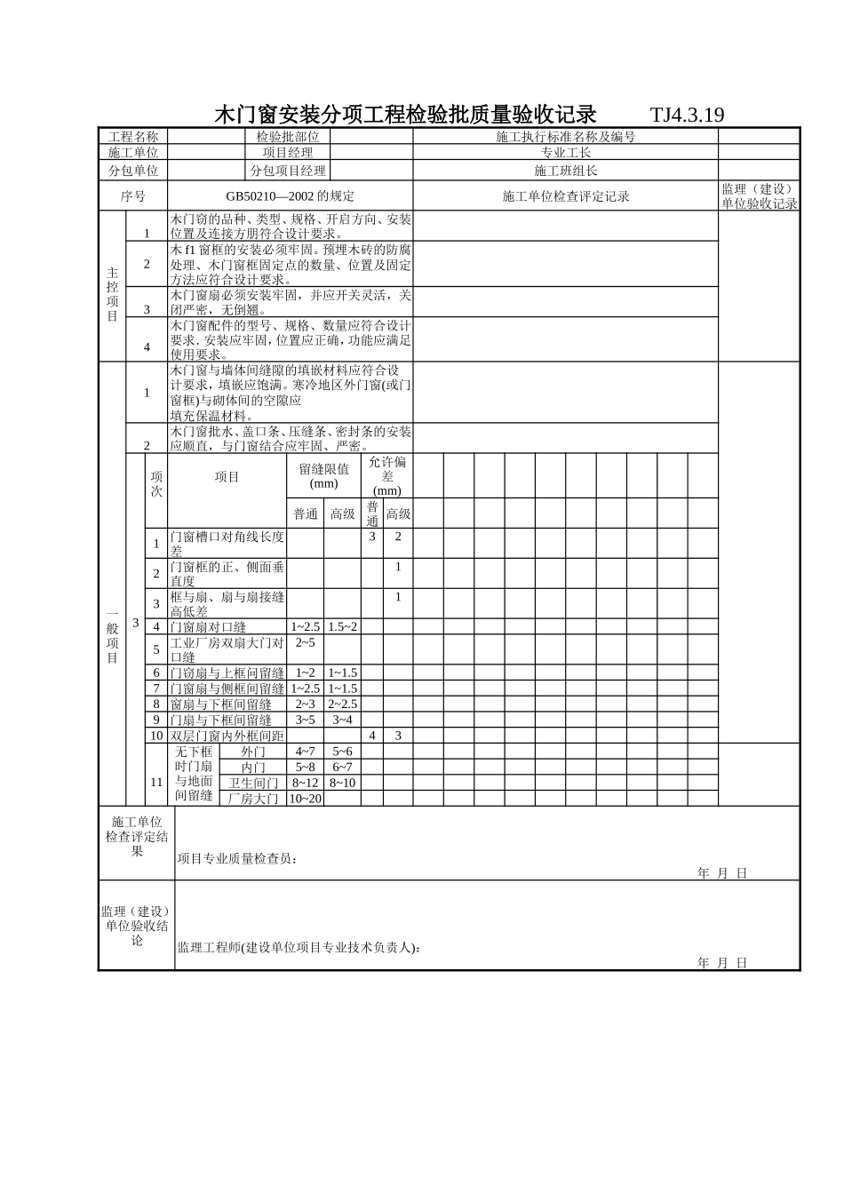 158 木门窗制作分项工程检验批质量验收记录表TJ4-3-19.doc_第1页
