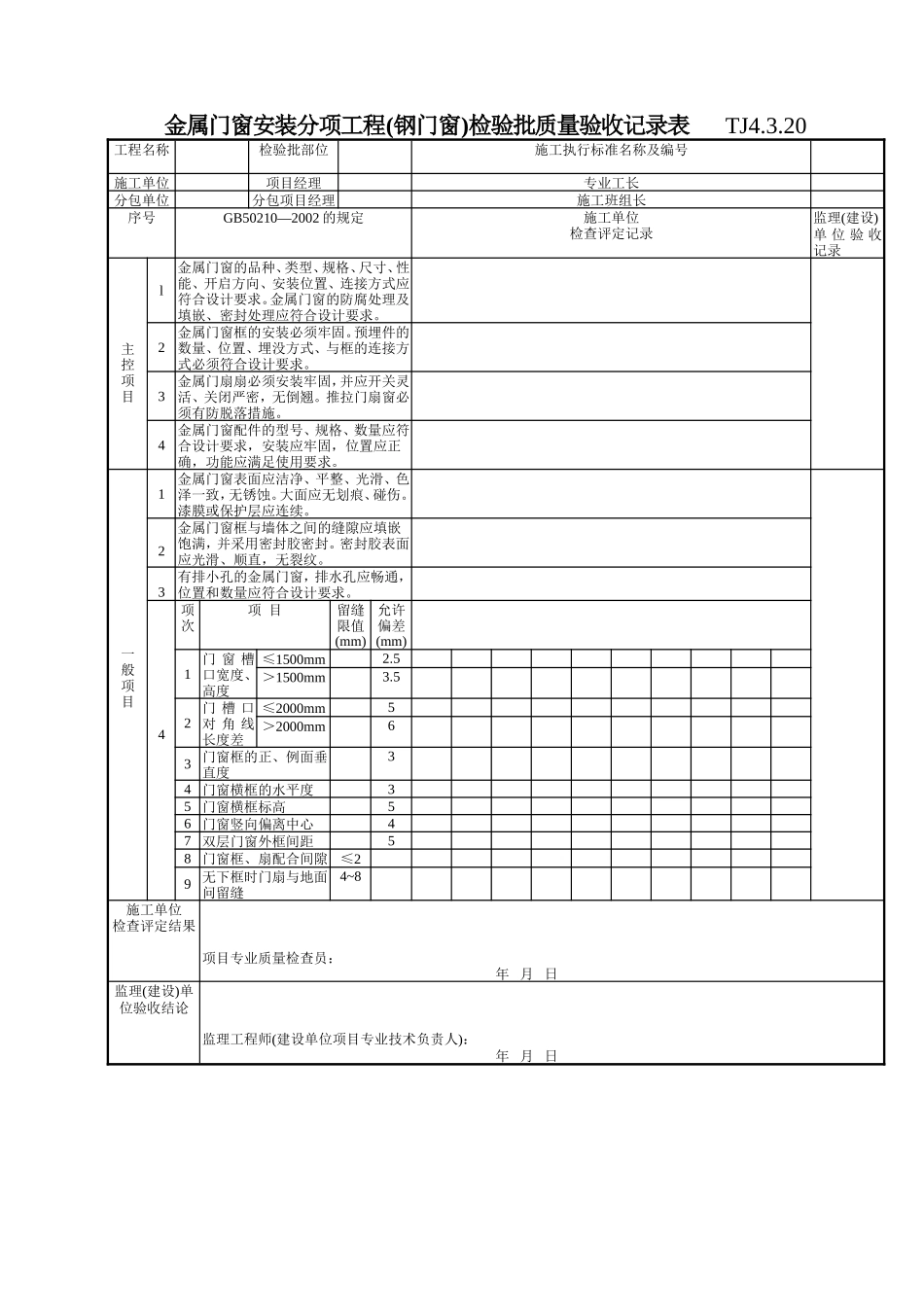 159 金属门窗安装分项工程(钢门窗)检验批质量验收记录表TJ4-3-20.doc_第1页