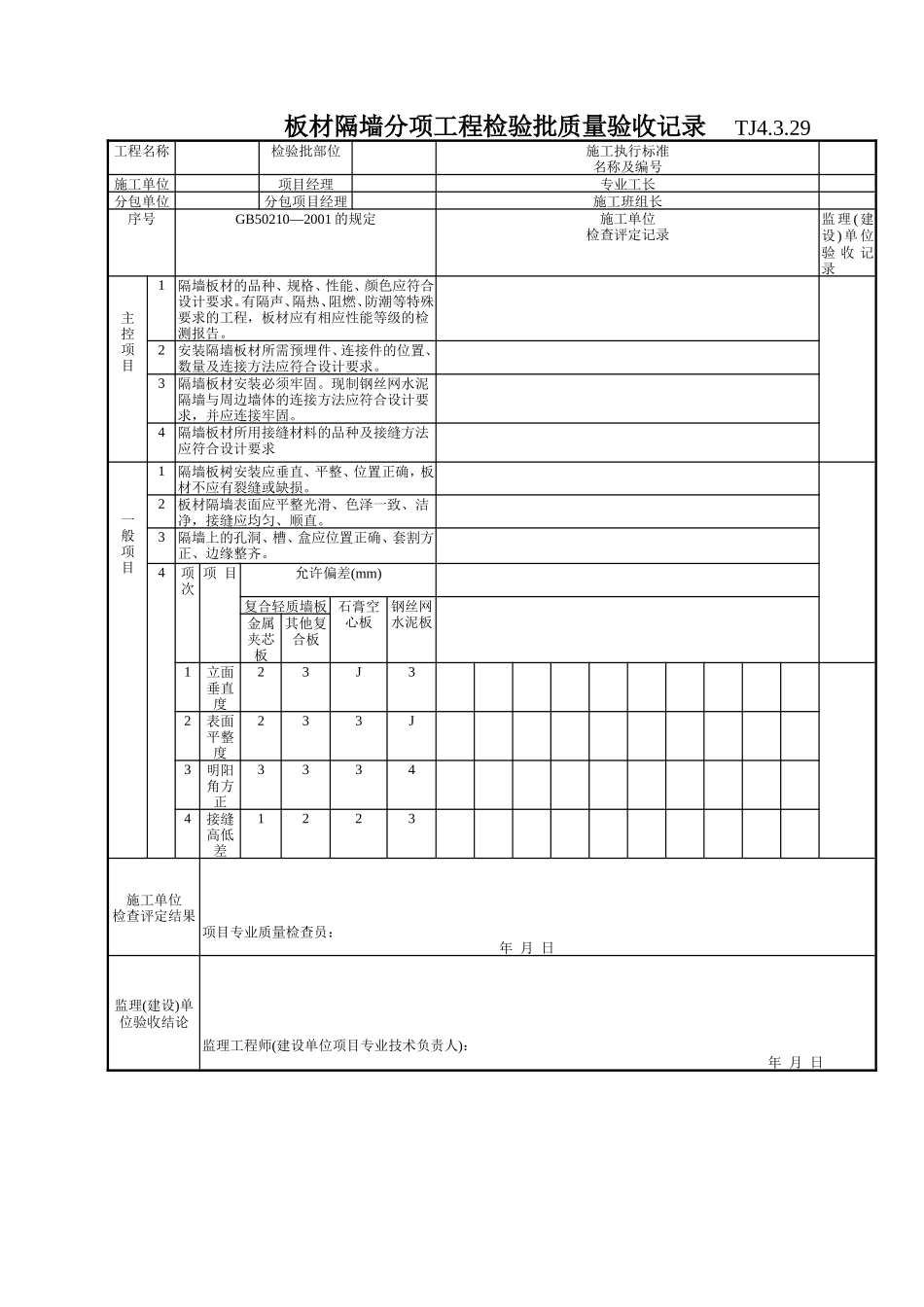 168 板材隔墙分项工程检验批质量验收记录TJ4-3-29.doc_第1页