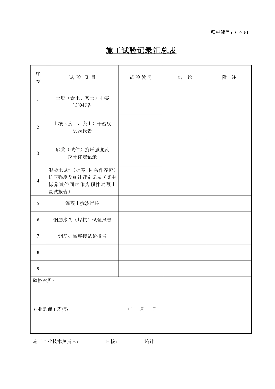 C2-3-1施工试验记录汇总表.doc_第1页
