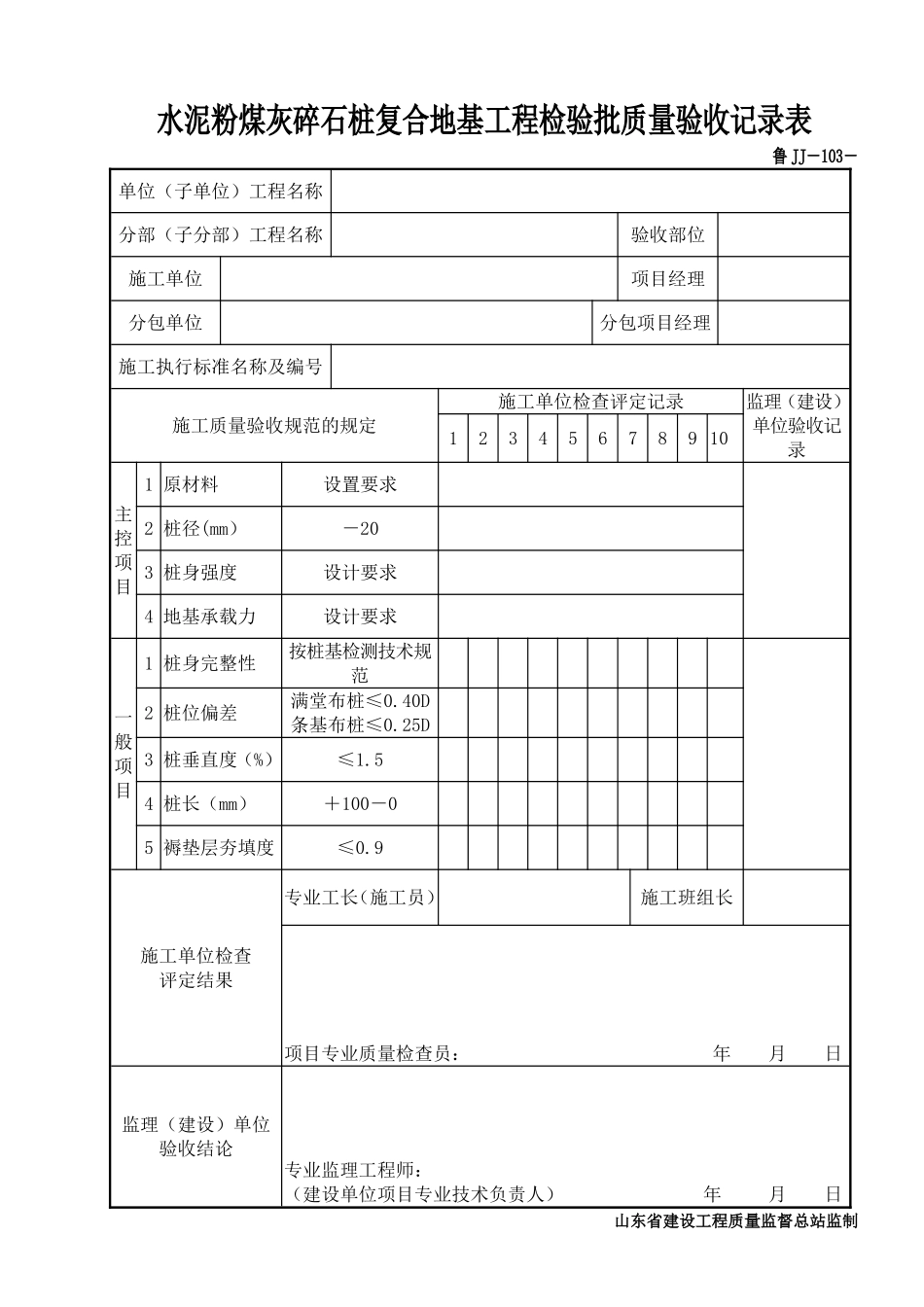 鲁JJ－103水泥粉煤灰碎石桩复合地基工程检验批质量验收记录表.DOC_第1页