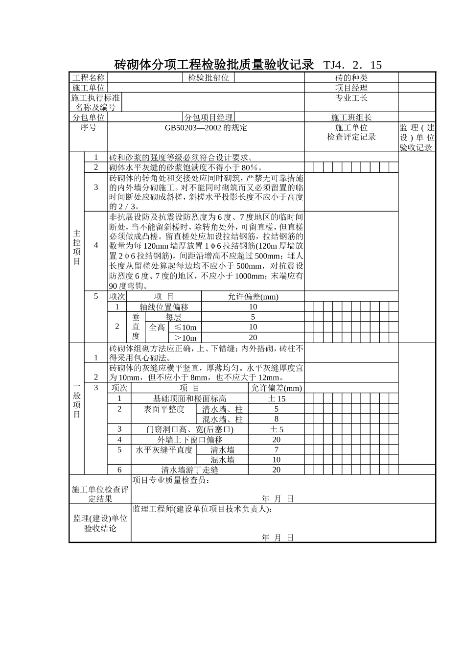 129 砖砌体分项工程检验批质量验收记录TJ4-2-15.doc_第1页