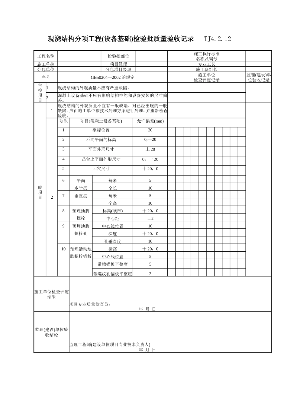 126 现浇结构分项工程(设备基础)检验批质量验收记录TJ4-2-12.doc_第1页
