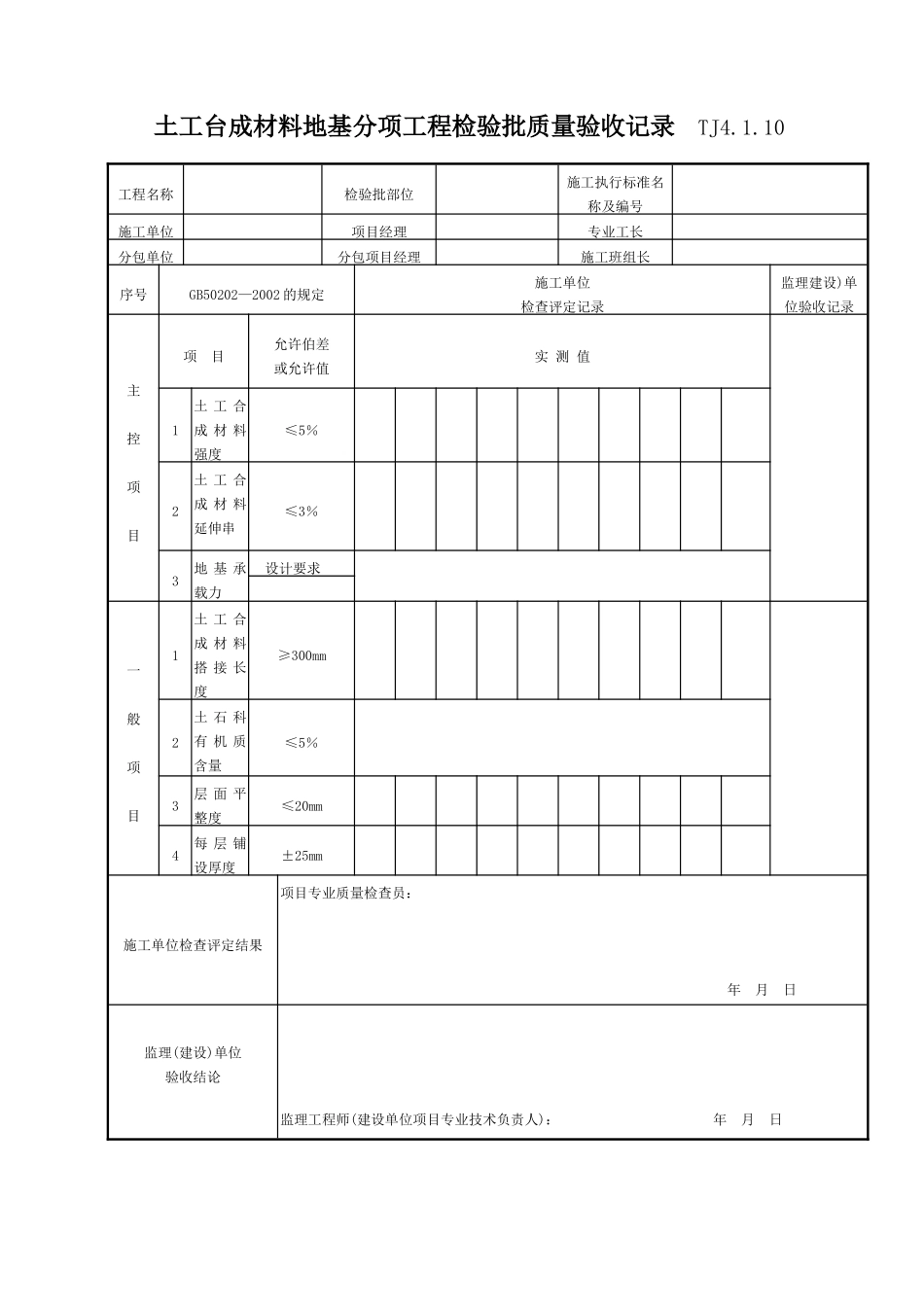054 土工合成材料地基分项工程检验批质量验收记录TJ4-1-10.doc_第1页