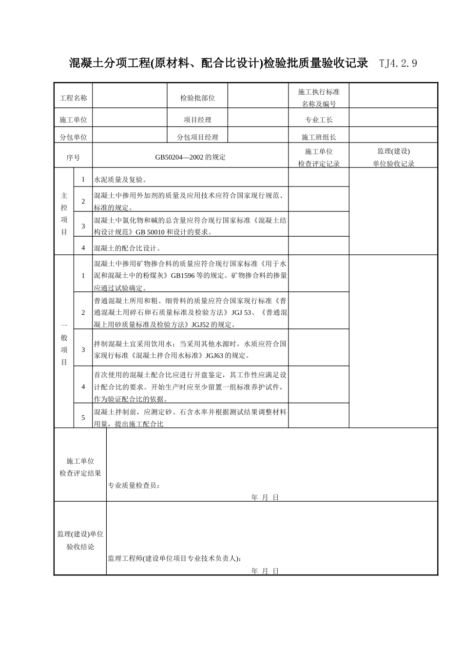 098 混凝土分项工程(原材料、配合比设计)检验批质量验收记录 TJ4-2-09.doc_第1页