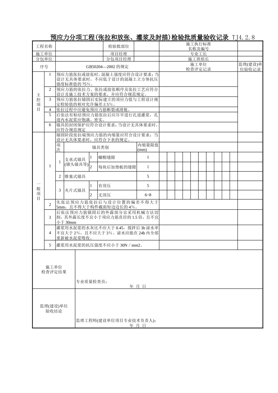 122 预应力分项工程(张拉和放张、灌浆及封描)检验批质量验收记录TJ4-2-08.doc_第1页