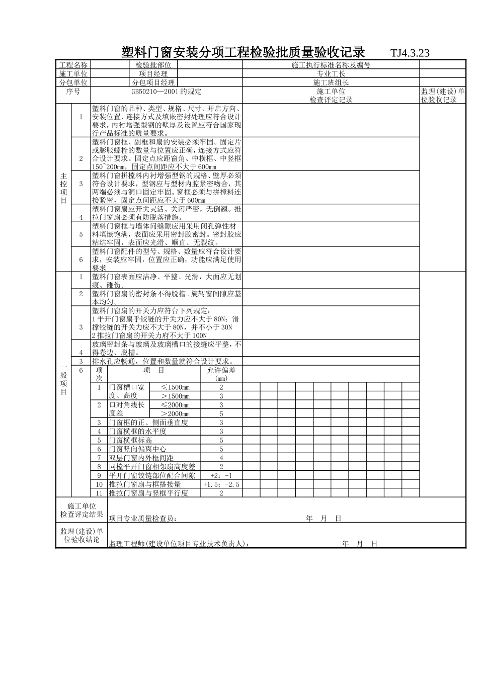 162 塑料门窗安装分项工程检验批质量验收记录TJ4-3-23.doc_第1页