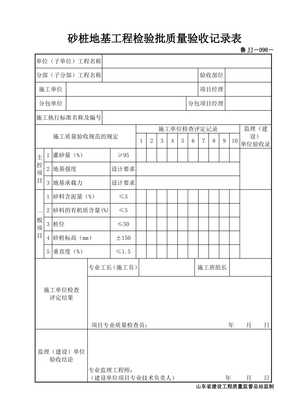 鲁JJ－098砂桩地基工程检验批质量验收记录表.DOC_第1页