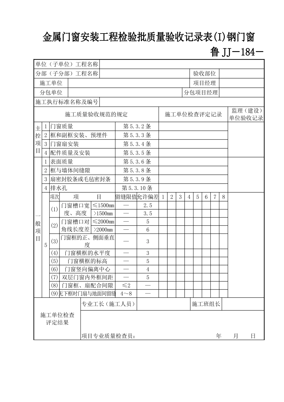 鲁JJ－184金属门窗安装工程检验批质量验收记录表(I)钢门窗.DOC_第1页
