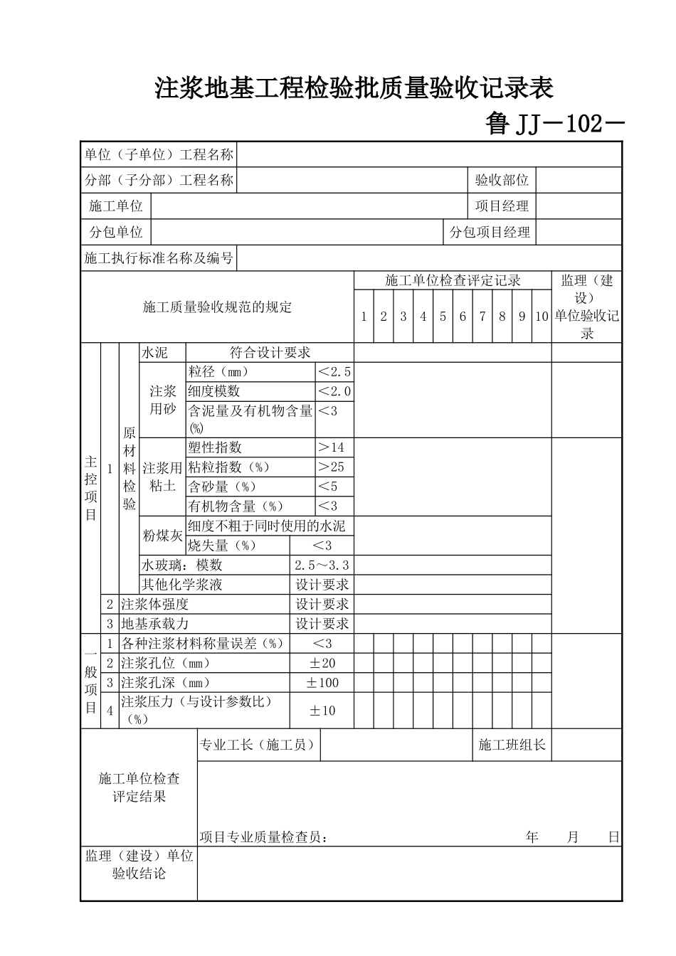 鲁JJ－102注浆地基工程检验批质量验收记录表.DOC_第1页