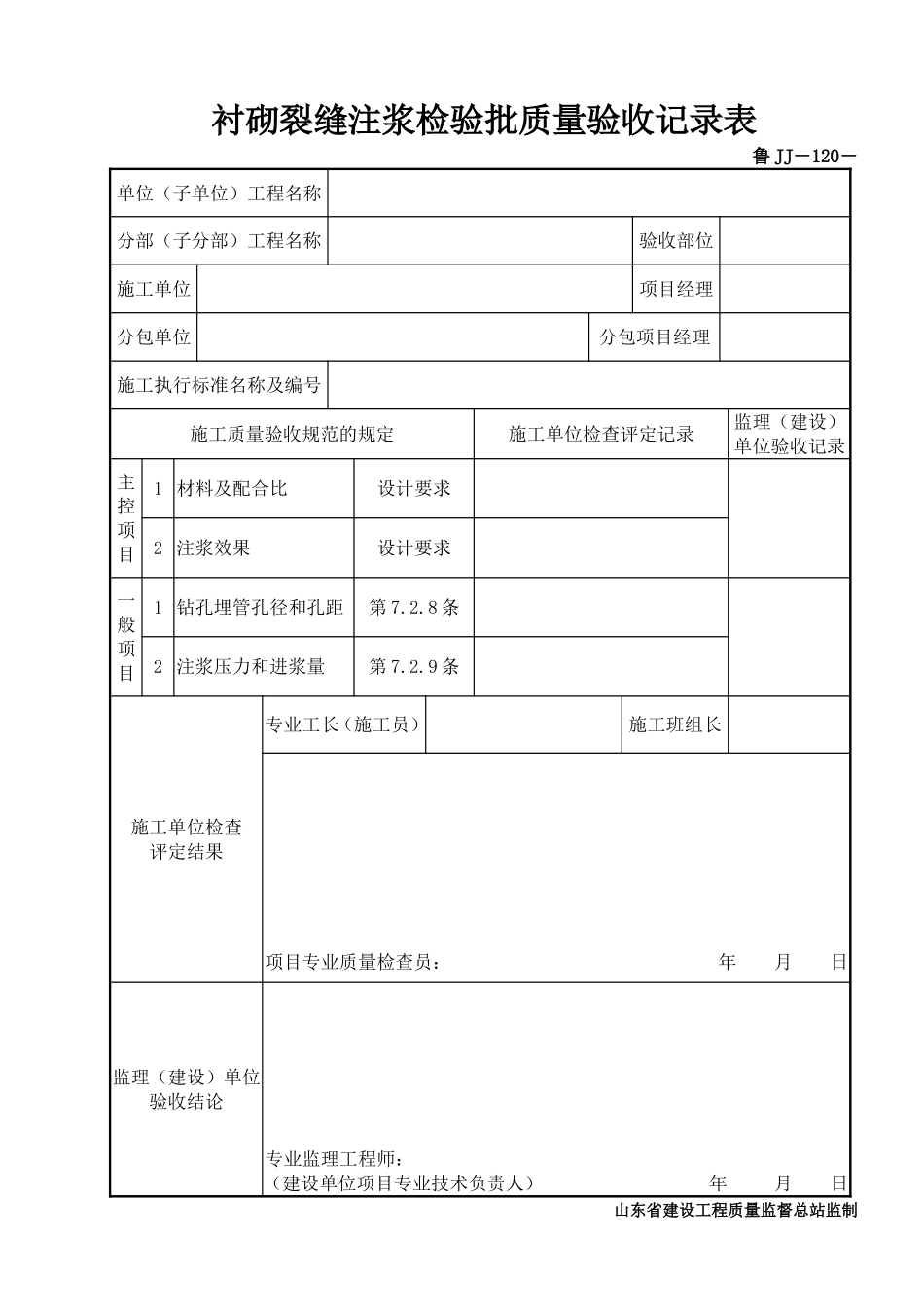 鲁JJ－120衬砌裂缝注浆检验批质量验收记录表.DOC_第1页