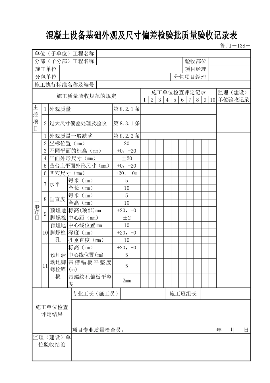 鲁JJ－138混凝土设备基础外观及尺寸偏差检验批质量验收记录表.DOC_第1页