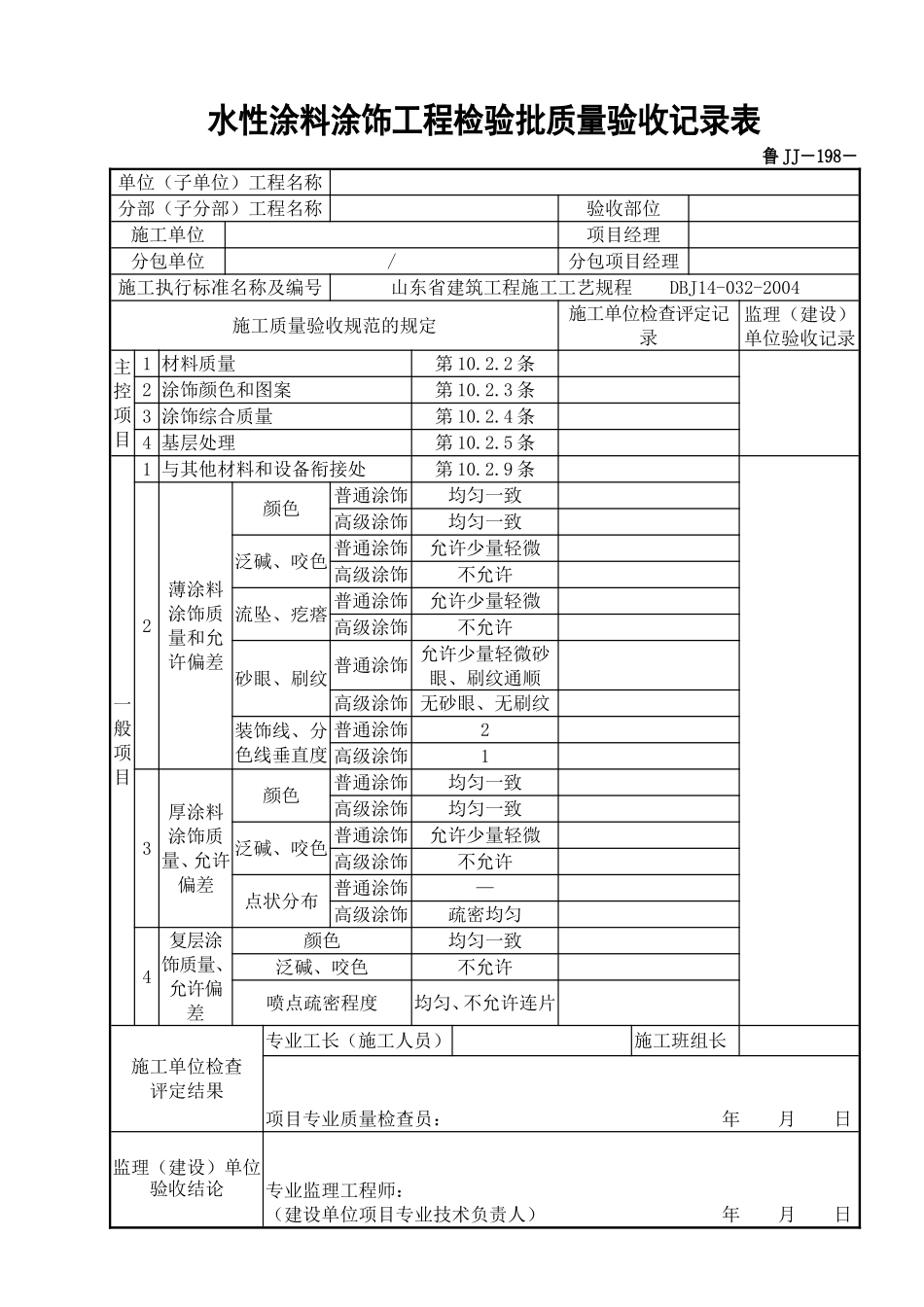 鲁JJ－198水性涂料涂饰工程检验批质量验收记录表.DOC_第1页